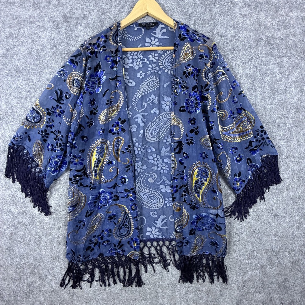 RD & Koko Burnout Fringe Kimono Top Womens Large Blue Sheer Paisley Floral Boho